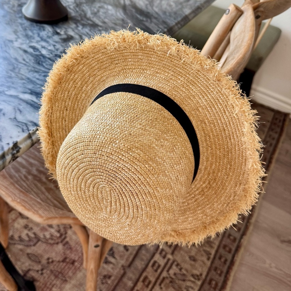 Hat Attack Shore Hat Natural Black Wheat Straw Frayed Brim Boater Sun Hat - Picture 4 of 8